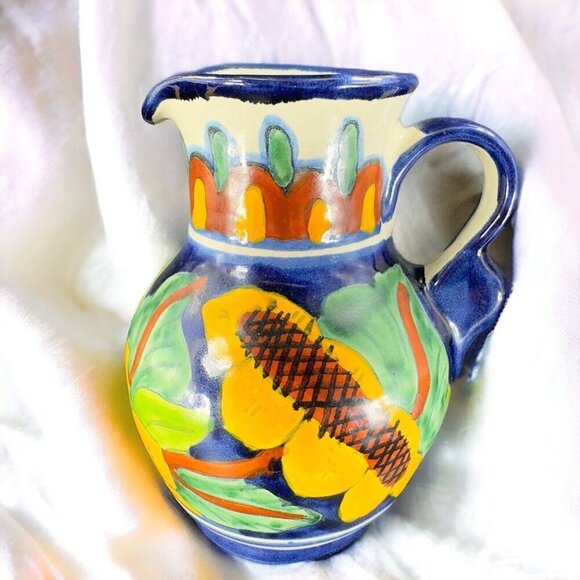 Mexico Art Pottery Talavera Pitcher Carafe Multicolor Frutal Decor Hand Made VTG - Picture 3 of 16
